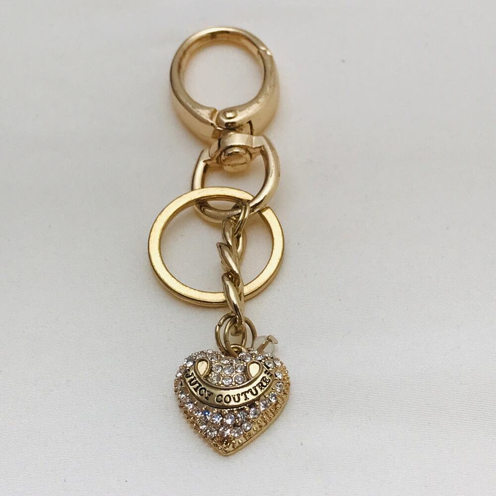 Juicy Couture Gold Tone Rhinestone Heart Clip Keychain Bag Charm Y2K